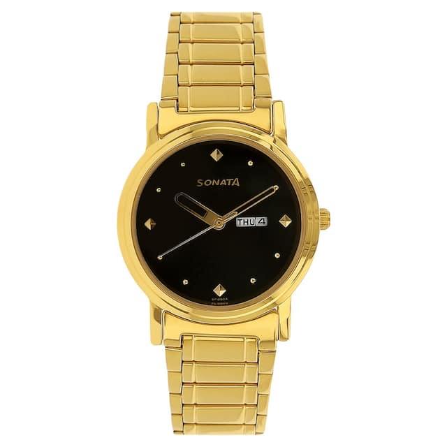 Sonata Gold Watch Black Face Mens Sonata Analog Round Black Dial