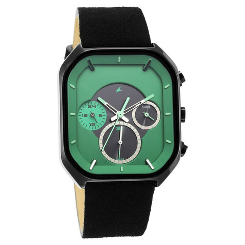 NR3270NL01  Analog with Day and Date Green Dial Leather Strap Watch for Guys