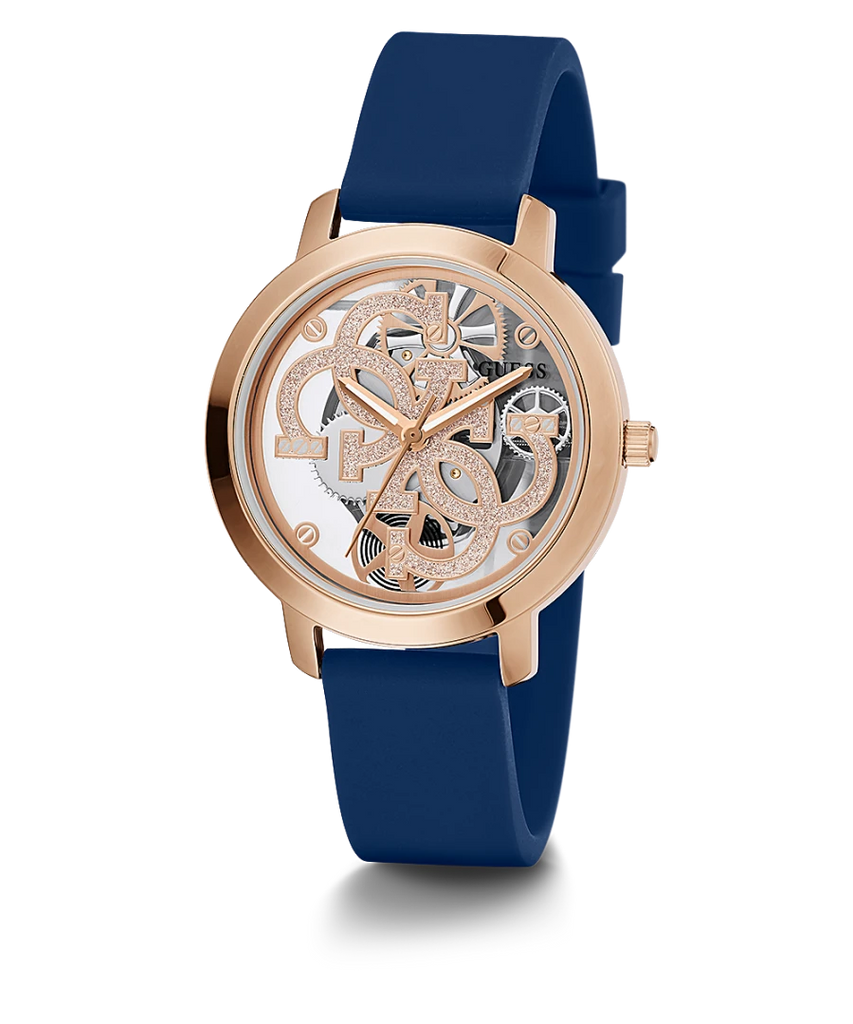 Gents rose gold tone case blue silicone watch hot sale