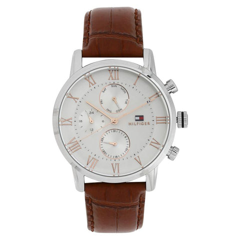 NETH1791400 Tommy Hilfiger Quartz Multifunction Silver Dial Leather Strap Watch for Men