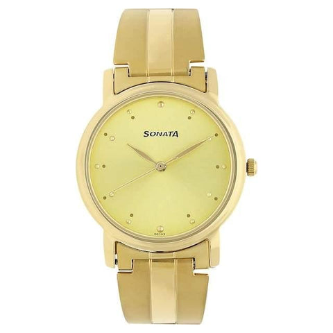 Sonata Analog Round Champagne Dial Golden Stainless Steel Strap Watch For Men-NM1013YM24 - Bharat Time Style