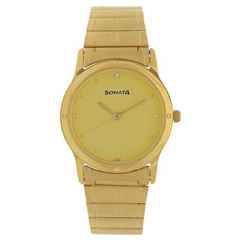 Sonata Analog Round Champagne Dial Golden Stainless Steel Strap Watch For Men-NM7023YM02 - Bharat Time Style