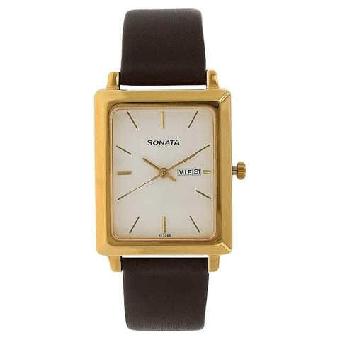 Sonata Analog with Day and Date Rectangle White Dial Brown Leather Strap Watch For Men-NM7078YL03 - Bharat Time Style