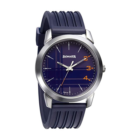 Sonata Smart Plaid Analog Blue Dial Men's Watch 77107SP05W/NN77107SP05W