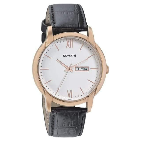 Sonata Beyond Gold White Dial Analog Watch With Day Date Display For Men 77031Wl04 | Sonata - Bharat Time Style
