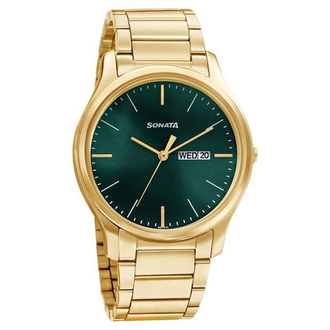 Green Dial Analog with Day & Date Watch | Sonata - 77082YM05W - Bharat Time Style