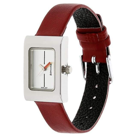 Sonata Buy Sonata Analog Rectangle Silver Dial Red Leather Strap