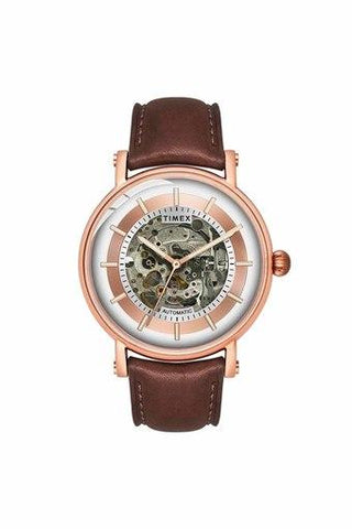 Timex Automatic Men's  E Class Silver Dial Brown Leather Strap Analogue Watch - TWEG16715
